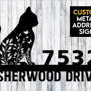 Personalized Floral Cat Metal Address Sign Custom Metal Art Wall Art, Gift for Cat Lover 2