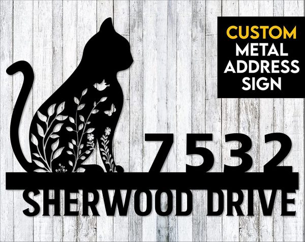 Personalized Floral Cat Metal Address Sign Custom Metal Art Wall Art, Gift for Cat Lover