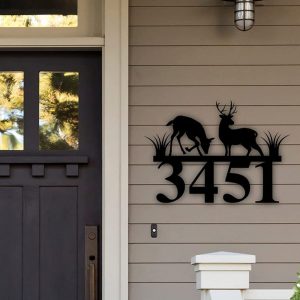 Personalized Rustic Deer Crossing Sign Metal Address Plaque, Wilderness Sign, Metal House Numbers Housewarming Gift