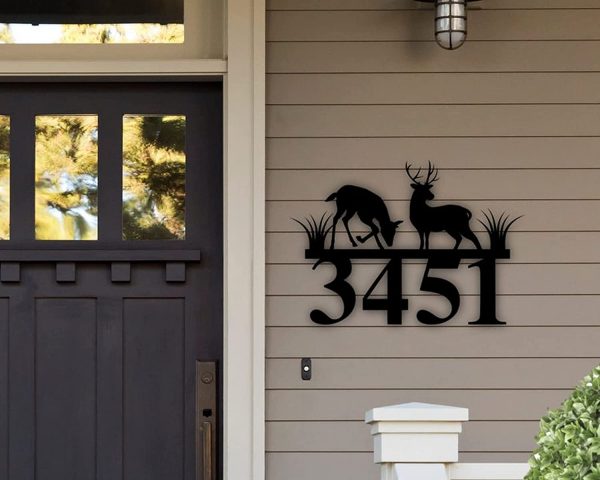 Personalized Rustic Deer Crossing Sign Metal Address Plaque, Wilderness Sign, Metal House Numbers Housewarming Gift