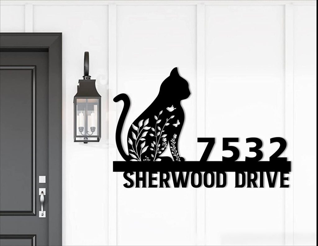 Personalized Floral Cat Metal Address Sign Custom Metal Art Wall Art, Gift for Cat Lover