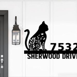 Personalized Floral Cat Metal Address Sign Custom Metal Art Wall Art, Gift for Cat Lover 3