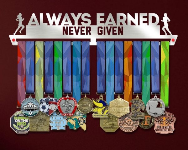 Always Earned Never Given Inspirational Medal Hanger Display Wall Rack Frame for Women