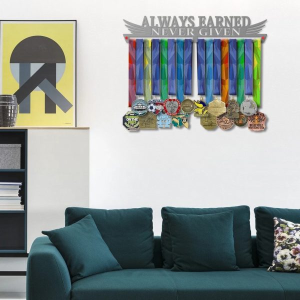Always Earned Never Given Medal Hanger Display Wall Rack Frame With Motivational Quotes