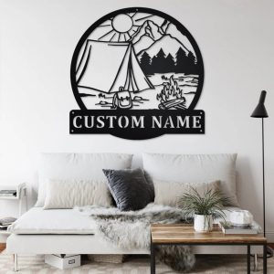 Camping Tent Metal Wall Art Personalized Metal Name Sign Campsite Decoration for Home