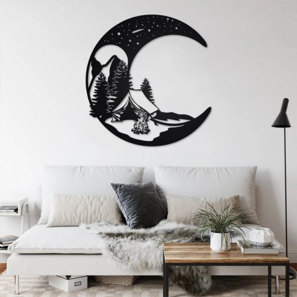 Crescent Moon Night Campfire Metal Wall Art Personalized Metal Name Sign Campsite Camping Signs Decor