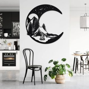 Crescent Moon Night Campfire Metal Wall Art Personalized Metal Name Sign Campsite Camping Signs Decor