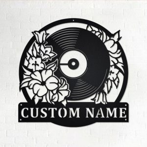 Floral Music Turntable Record Metal Art Personalized Metal Name Sign Music Room Decor Gift for DJ