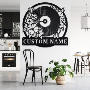 Floral Music Turntable Record Metal Art Personalized Metal Name Sign Music Room Decor Gift for DJ 2