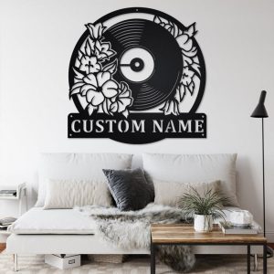 Floral Music Turntable Record Metal Art Personalized Metal Name Sign Music Room Decor Gift for DJ 3