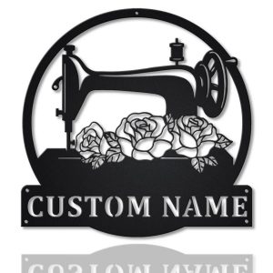 Floral Sewing Machine Signs Personalized Metal Name Sign Quilting Room Ideas for Sewing Lover 1