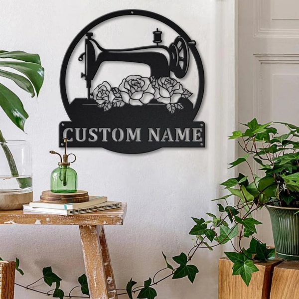 Floral Sewing Machine Signs Personalized Metal Name Sign Quilting Room Ideas for Sewing Lover