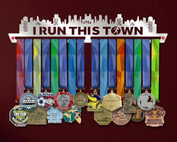I Run This Town Marathon Medal Hanger Display Wall Rack Frame for Runner, Athlete