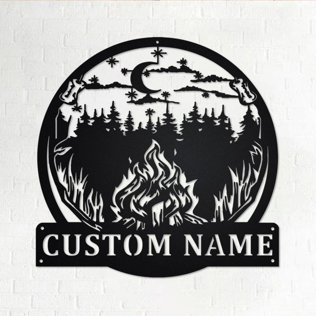 Night Campfire Metal Wall Art Personalized Metal Name Sign Campsite Camping Signs Decor Home