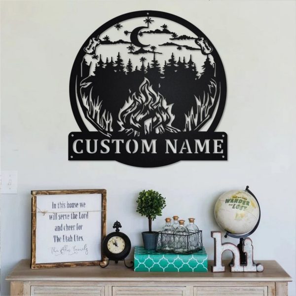 Night Campfire Metal Wall Art Personalized Metal Name Sign Campsite Camping Signs Decor Home