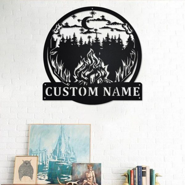 Night Campfire Metal Wall Art Personalized Metal Name Sign Campsite Camping Signs Decor Home