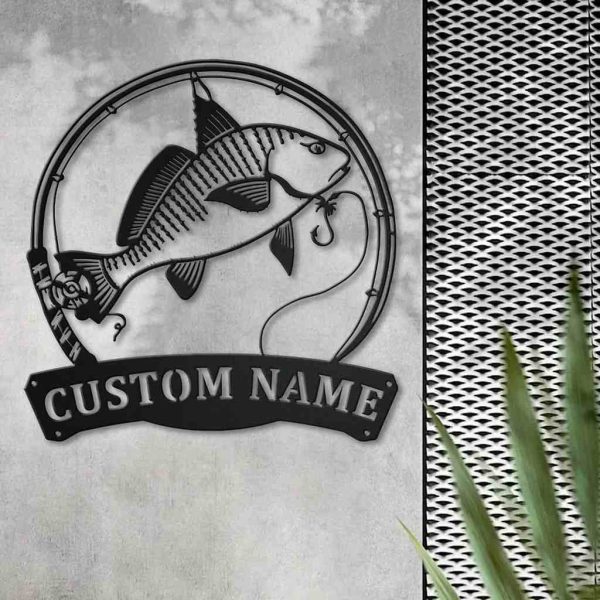 Personalized Atlantic Croaker Fish Pole Monogram Metal Sign