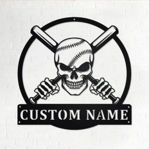 Personalized Baseball Skull Metal Wall Art Custom Baseball Player Name Sign Decor for Room 1