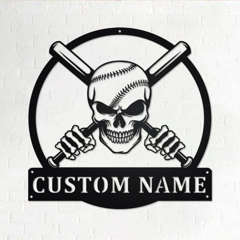 Personalized Baseball Skull Metal Wall Art Custom Baseball Player Name