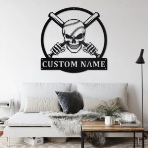 Personalized Baseball Skull Metal Wall Art Custom Baseball Player Name Sign Decor for Room 2