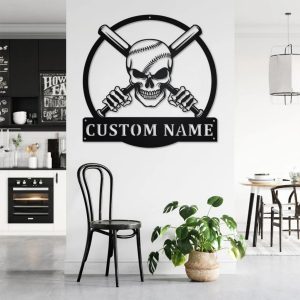 Personalized Baseball Skull Metal Wall Art Custom Baseball Player Name Sign Decor for Room