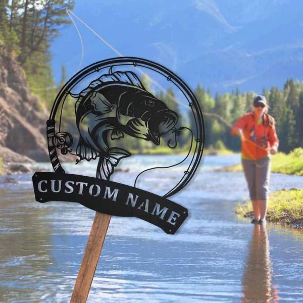 Personalized Bass Fishing Pole Metal Fish Wall Art Gift for Fishing Lover Fisherman Custom Metal Signs
