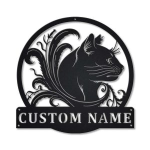Personalized Black Cat Floral Metal Sign Art Garden Decor Gift for Cat Lovers