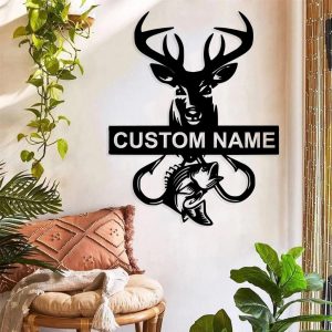 Personalized Deer and Fish Metal Wall Art Custom Hunter Name Sign Decor Home 2