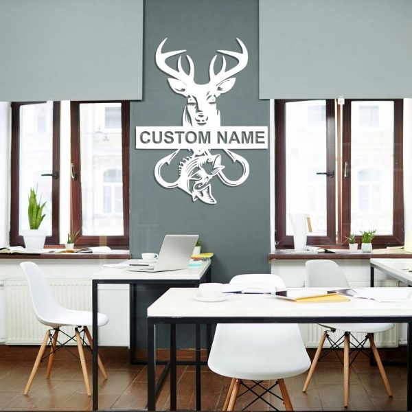 Personalized Deer and Fish Metal Wall Art Custom Hunter Name Sign Decor Home