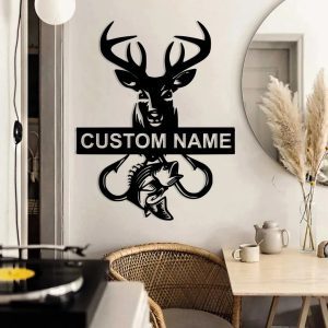 Personalized Deer and Fish Metal Wall Art Custom Hunter Name Sign Decor Home