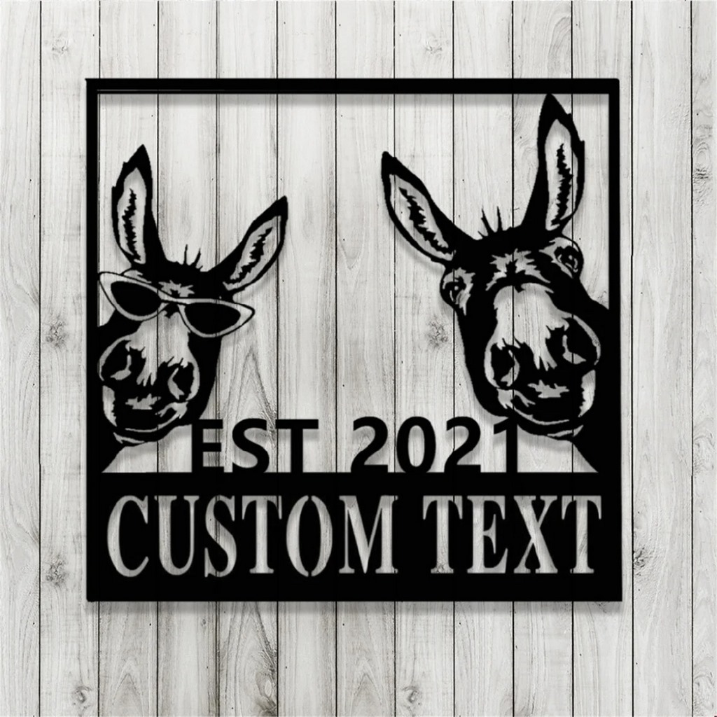 Personalized Funny Two Donkeys Metal Signs Welcome Housefarm Wall Art Decor Gift for Farmer