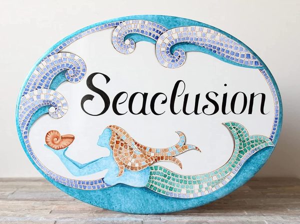 Personalized Mermaid Beach House Coastal Nautical Theme Metal Sign Beach Sea Waves Address Sign