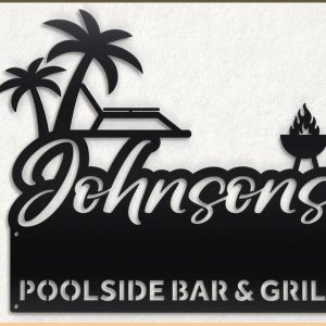 Personalized Metal Poolside Bar & Grill Sign BackYard Patio Decor Outdoor