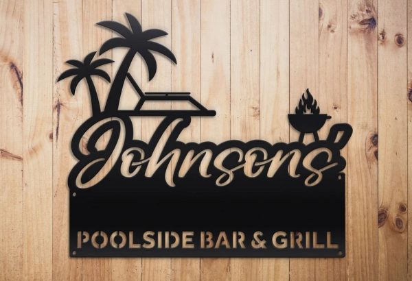 Personalized Metal Poolside Bar & Grill Sign BackYard Patio Decor Outdoor