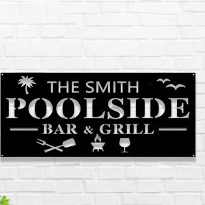 Personalized Metal Poolside Bar & Grill Sign Pool Bar Patio Decor Outdoor
