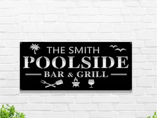 Personalized Metal Poolside Bar & Grill Sign Pool Bar Patio Decor Outdoor