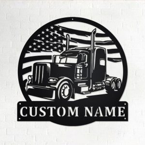 Personalized US Flag Semi-Trailer Truck Metal Name Sign Home Decor Gift for Truck Drivers