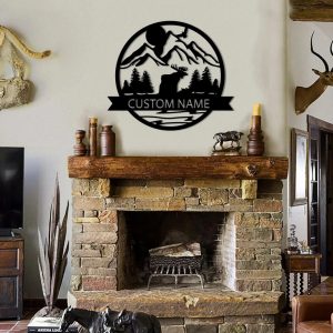 Personalized Mountain and Deer Metal Wall Art Custom Hunter Name Sign Hunting Cabin Decor
