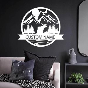 Personalized Mountain and Deer Metal Wall Art Custom Hunter Name Sign Hunting Cabin Decor