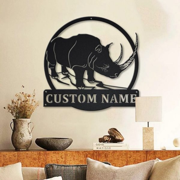 Personalized Rhino Big Horn Metal Sign Art Home Decor Gift for Animal Lover