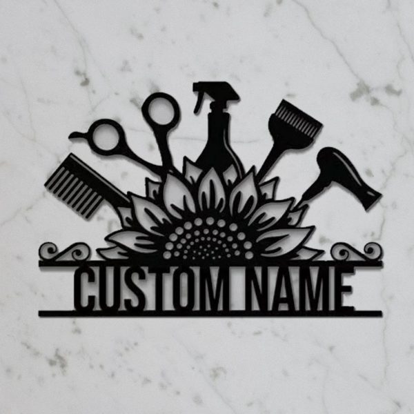 Personalized Sunflower Hairstyles Metal Sign Barber Shop Decor Custom Name Salon Signs