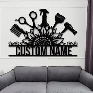 Personalized Sunflower Hairstyles Metal Sign Barber Shop Decor Custom Name Salon Signs 2