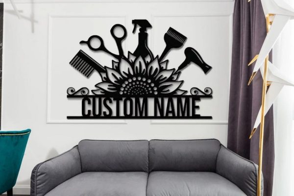 Personalized Sunflower Hairstyles Metal Sign Barber Shop Decor Custom Name Salon Signs