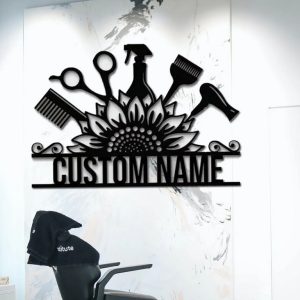 Personalized Sunflower Hairstyles Metal Sign Barber Shop Decor Custom Name Salon Signs 3