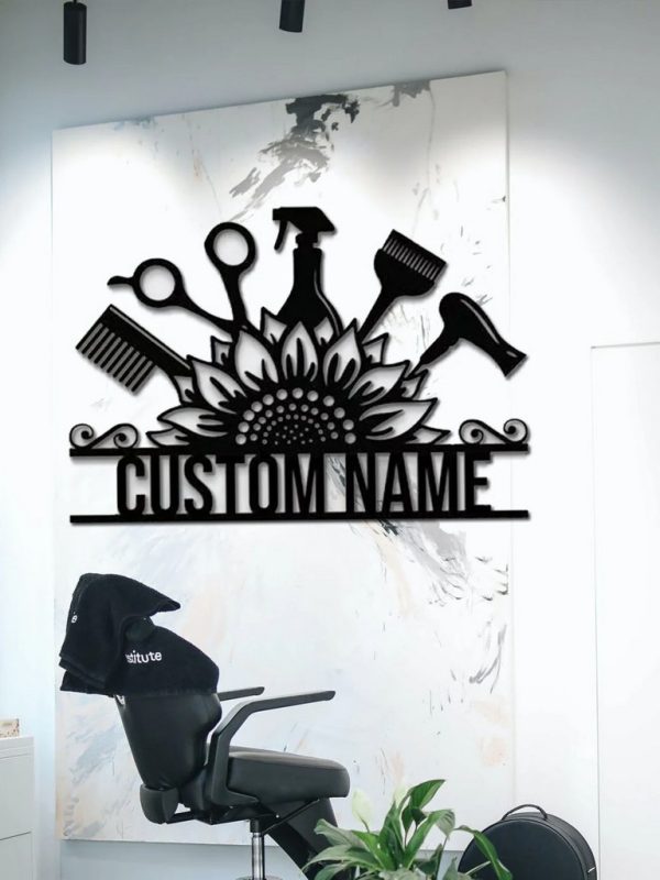 Personalized Sunflower Hairstyles Metal Sign Barber Shop Decor Custom Name Salon Signs