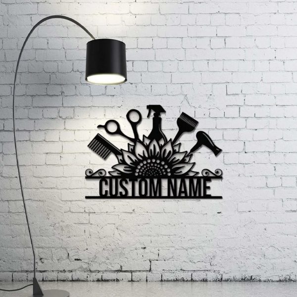 Personalized Sunflower Hairstyles Metal Sign Barber Shop Decor Custom Name Salon Signs