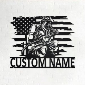 Personalized US Fire Fighter Metal Wall Art Custom Fireman Name Sign Gift for Dad