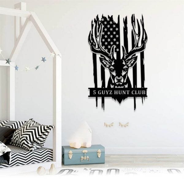 Personalized US Flag Buck Deer Metal Wall Art Custom Hunter Name Sign Hunting Cabin Decor