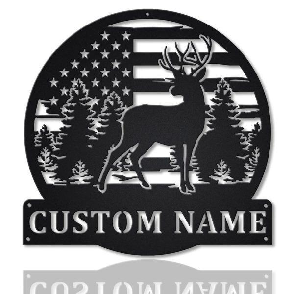 Personalized US Flag Deer Antler Hunting Monogram Metal Sign Wall Art Deer Camp Sign