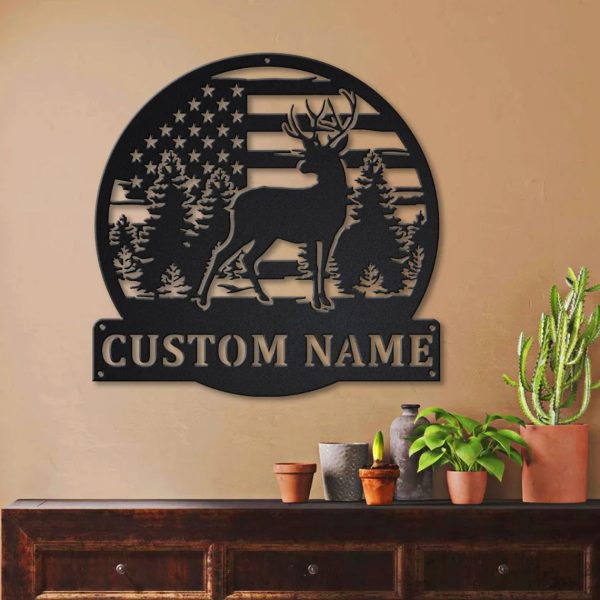 Personalized US Flag Deer Antler Hunting Monogram Metal Sign Wall Art Deer Camp Sign